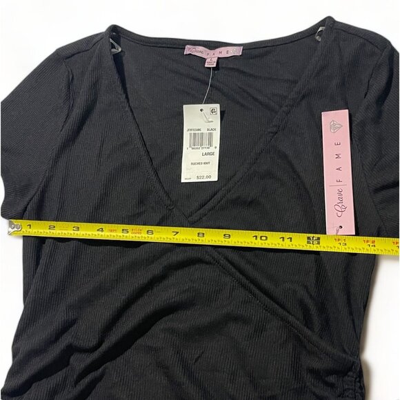 Crave Fame Ruched Knit V-Neck Wrap Top With Drawstrings In Black For Juniors' - Picture 4 of 9